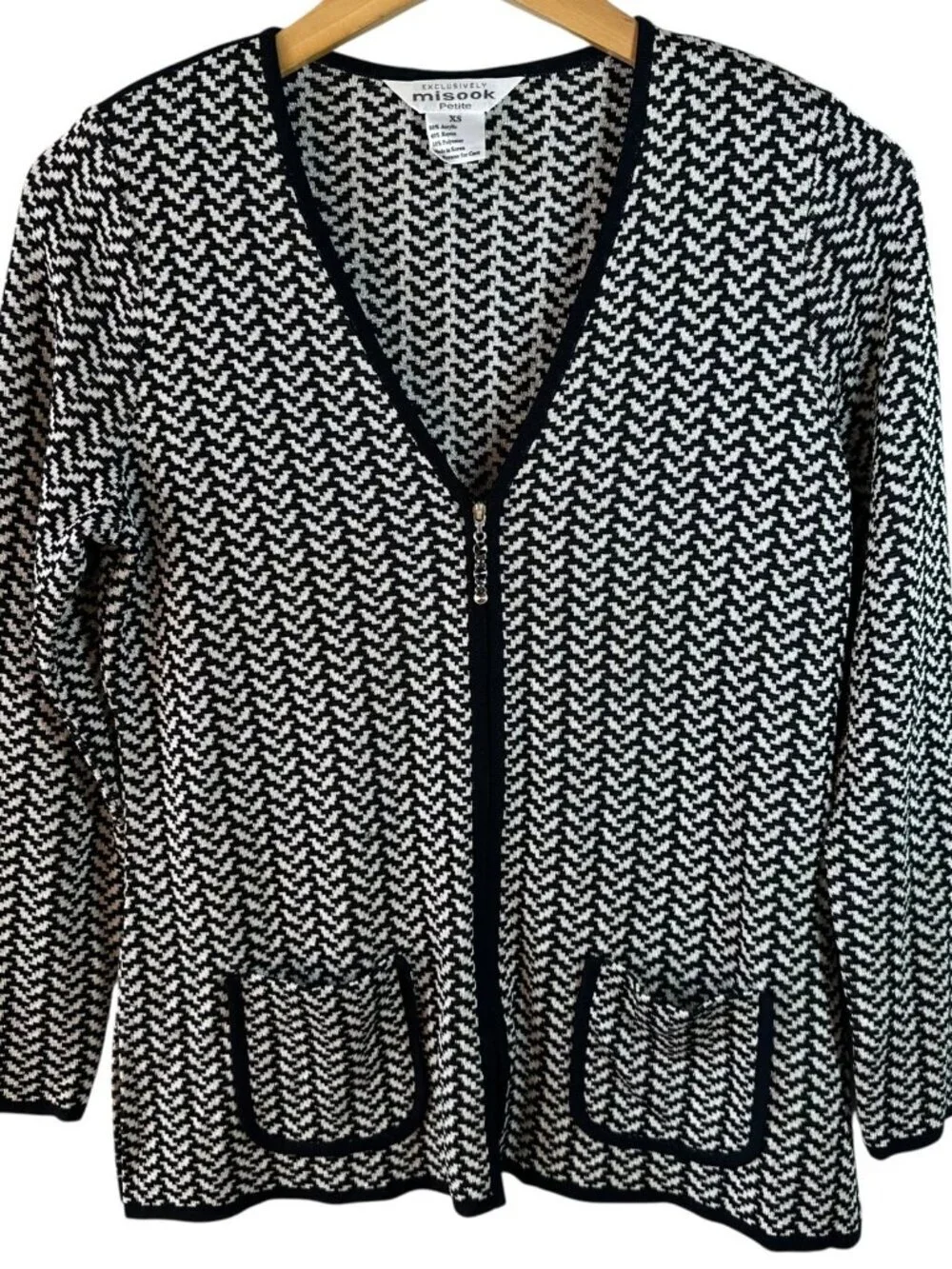 Misook Black White Chevron Knit Jacket Petite Zip Front Cardigan XSP